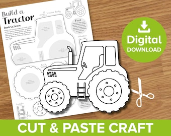 Tractor Cut & Paste Craft Printable, Spring Farmyard Vehicle Color and Build Project, Farmer Paper Model Kit, Agriculture Activity Template