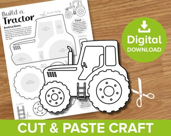 Tractor Cut & Paste Craft Printable, Spring Farmyard Vehicle Color and Build Project, Farmer Paper Model Kit, Agriculture Activity Template