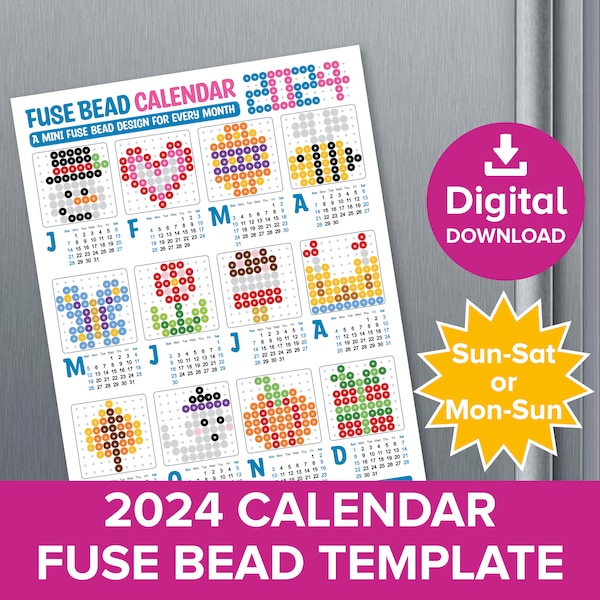 Fuse Bead Kalender 2024, Nieuwjaar Mini Pixel Art Patroon, Hama Perler Pyssla Craft Template, Jaarlijkse Planner Leuke afdrukbare kinderactiviteiten