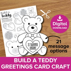 Teddy Cut & Paste Craft, Cartão de felicitações de urso de dia dos namorados para colorir, Construa um convite de aniversário de brinquedo de pelúcia, Decoração de coração para o dia das mães para impressão