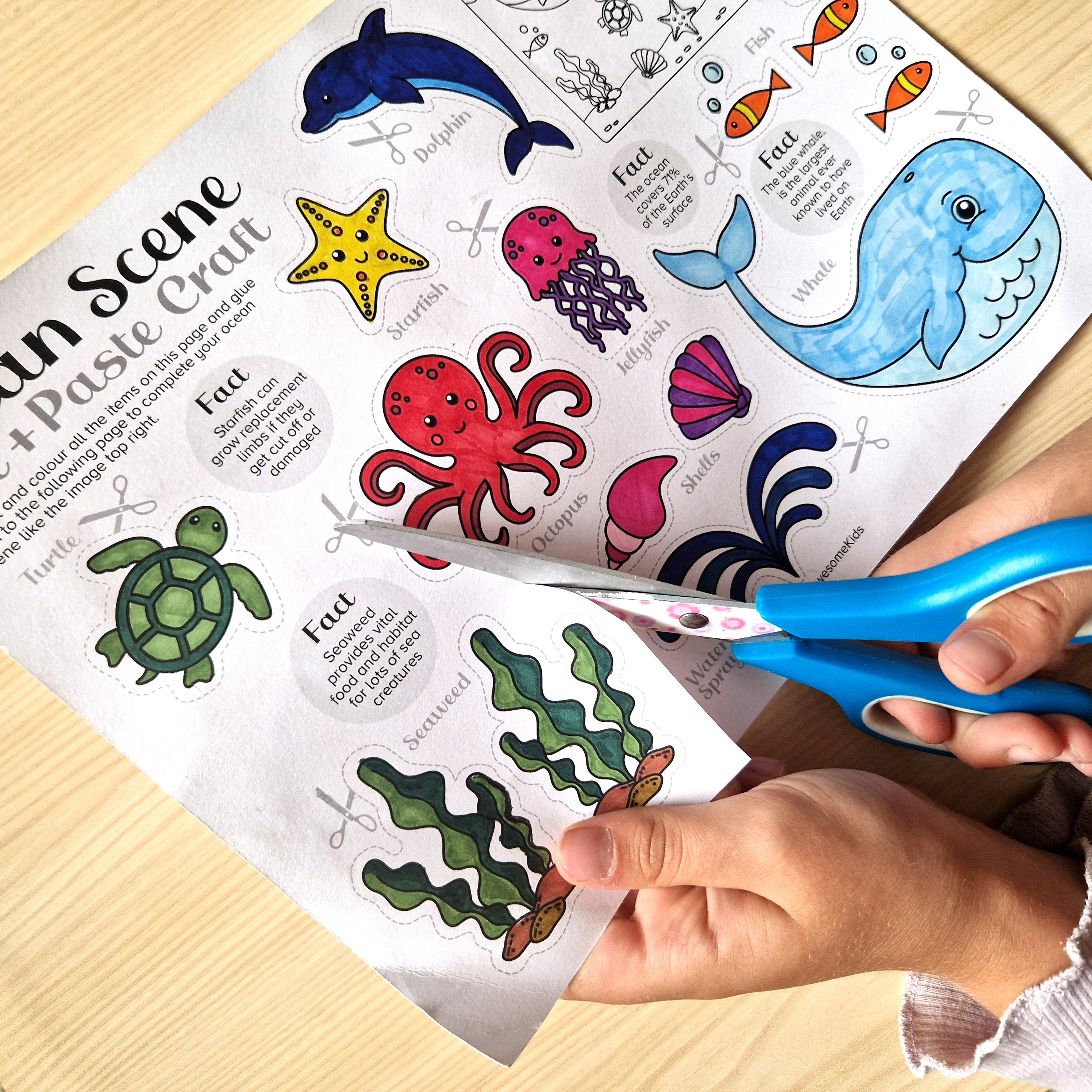 Ocean Scene Cut & Paste Craft, Sea Creatures Coloring Page Activity ...