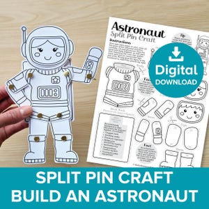 Astronauta con spilla da balia, da colorare e costruire, burattino astronauta, arte con bambola di carta per bambini, attività educativa stampabile di astronomia con tuta spaziale