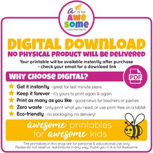 K&ouml;nnte beinhalten: Eine rosa und gelbe Grafik f&uuml;r den digitalen Download mit dem Text "DIGITALER DOWNLOAD" in gro&szlig;en, fetten, wei&szlig;en Buchstaben. Der Text "KEIN PHYSIKALISCHES PRODUKT WIRD GELIEFERT" steht darunter in kleineren, wei&szlig;en Buchstaben. Die Grafik listet die Vorteile von digitalen Downloads auf, darunter sofortiger Zugriff, unbegrenztes Drucken und Umweltfreundlichkeit. Die Grafik zeigt auch eine Bienenillustration und den Text "tolle Druckvorlagen f&uuml;r tolle Kinder".