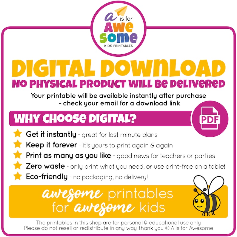 K&ouml;nnte beinhalten: Eine rosa und gelbe Grafik f&uuml;r den digitalen Download mit dem Text "DIGITALER DOWNLOAD" in gro&szlig;en, fetten, wei&szlig;en Buchstaben. Der Text "KEIN PHYSIKALISCHES PRODUKT WIRD GELIEFERT" steht darunter in kleineren, wei&szlig;en Buchstaben. Die Grafik listet die Vorteile von digitalen Downloads auf, darunter sofortiger Zugriff, unbegrenztes Drucken und Umweltfreundlichkeit. Die Grafik zeigt auch eine Bienenillustration und den Text "tolle Druckvorlagen f&uuml;r tolle Kinder".