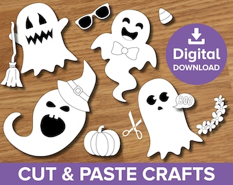 Puede incluir: Actividad de manualidades de Halloween imprimible: cortar y pegar fantasmas. La imprimible incluye una variedad de formas de fantasmas, un sombrero de bruja, una calabaza, una pajarita, gafas de sol, una escoba, un maíz dulce, tijeras y un bocadillo que dice "¡BOO!"