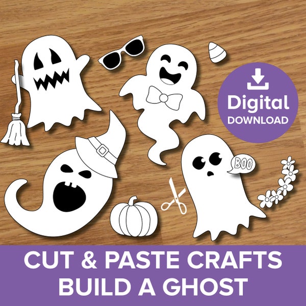 Ghosts Cut & Paste Crafts, Halloween Party Decoration Kit, Kids DIY Ghoul Art Drawing Activity, Spooky Home Decor Scissor Practice Printable