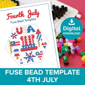 May include: A printable fuse bead template for a Fourth of July design. The design features a red, white, and blue American flag, a red, white, and blue top hat, and fireworks. The template is in a hexagonal shape.