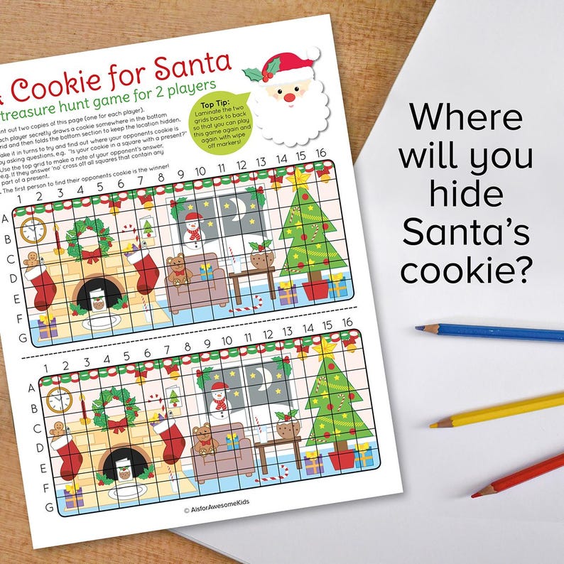 May include: A printable Christmas-themed game for two players. The game board features a grid with a Christmas tree, fireplace, and other holiday decorations. The game is called "Cookie for Santa" and the instructions are to hide a cookie on the grid and have the other player find it.