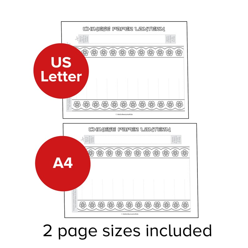 Op de afbeelding: Twee printbare Chinese papieren lantaarn sjablonen, een in US Letter formaat en een in A4 formaat. Elk sjabloon heeft een decoratieve rand met een herhalend bloemenpatroon.