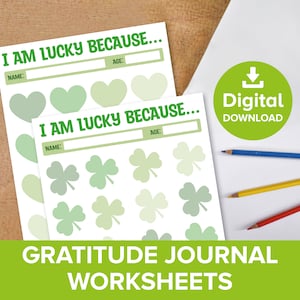 Hoja de trabajo para diario de gratitud, registro imprimible de agradecimiento diario, planificador diario de cuenta regresiva con trébol de la suerte del Día de San Patricio, con atención plena y corazón.