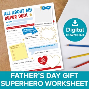 Hoja de trabajo de actividades de mi héroe, regalo de súper mamá y papá, nota de recuerdo para el día de la madre del padre, mensaje imprimible para escribir una carta de amor de superhéroe