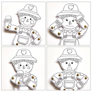 May include: A black and white printable paper craft of a scarecrow with four different facial expressions: happy, sad, surprised, and angry. The scarecrow has a straw hat, a heart on the hat, and a button nose.