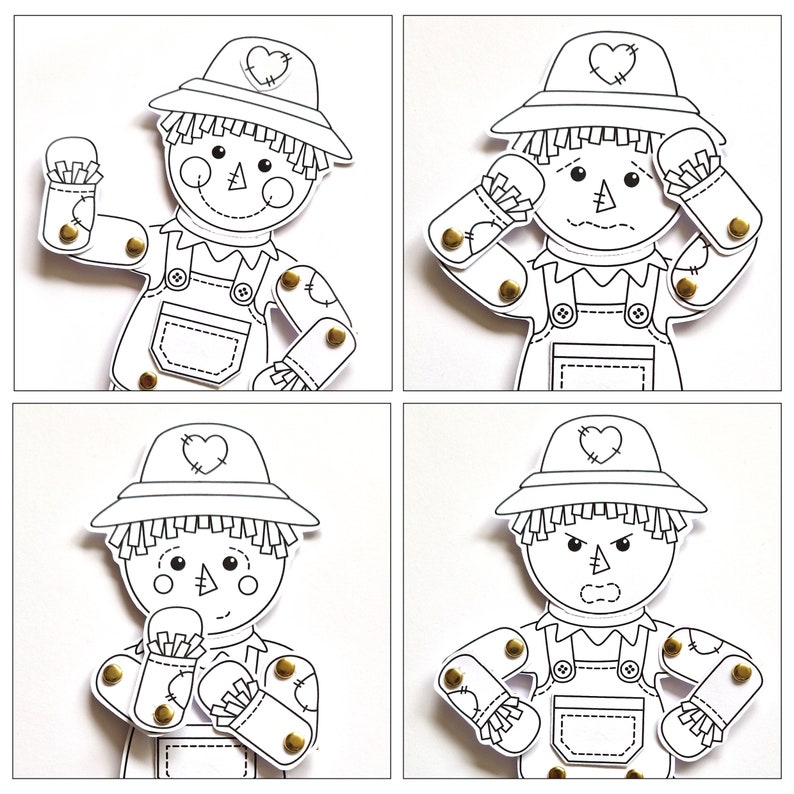 May include: A black and white printable paper craft of a scarecrow with four different facial expressions: happy, sad, surprised, and angry. The scarecrow has a straw hat, a heart on the hat, and a button nose.