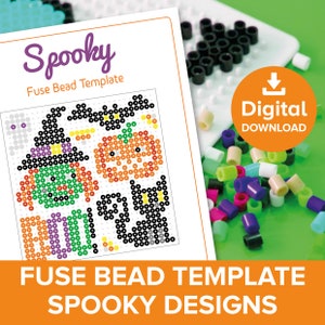 Peut inclure: Un modèle de perles à fusion imprimable avec un motif d'Halloween effrayant avec une sorcière, une citrouille et un chat noir. Le modèle est intitulé "Spooky Fuse Bead Template" et comprend une icône de téléchargement.