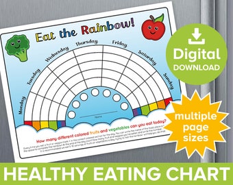 Eat the Rainbow Childrens Healthy Eating Reward Chart, Kids Track Fruit & Veg Vegetables, Fun Health Food Challenge Diary Planner Printable