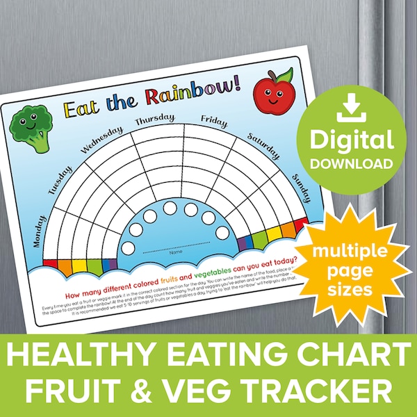 Eat the Rainbow Childrens Healthy Eating Reward Chart, Kids Track Fruit & Veg Vegetables, Fun Health Food Challenge Diary Planner Printable