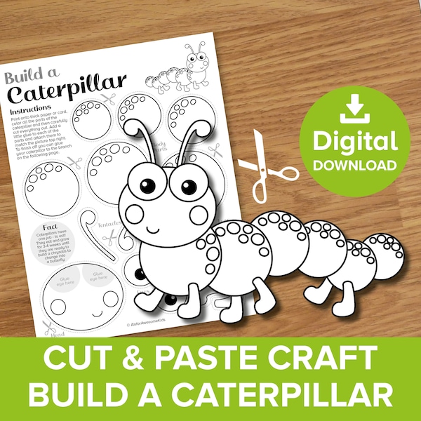 Kit de montage et découper Caterpillar à imprimer, couleur insecte printanier et kit de construction, modèle de jardin d'été, modèle d'activité artistique marionnettes insectes de jardin