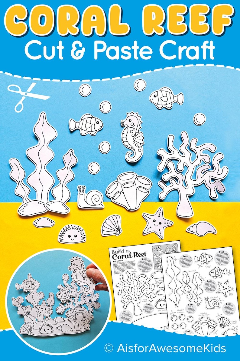 Coral Reef Cut & Paste Craft, Sea Creatures Coloring Activity Printable ...