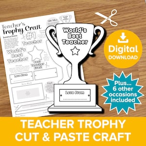 Trofeo imprimible para recortar y pegar, taza para el Día del Padre, premio deportivo para el mejor amigo, kit para colorear "Mejor Maestro del Mundo", tarjeta de regalo para el Día de la Madre