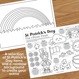 May include: A printable St. Patrick's Day craft activity with cut-out and color items to create a scene. The items include a rainbow, leprechaun, shamrocks, gold coins, a pot of gold, birds, a rain cloud, and an Irish flag. The text on the page includes facts about St. Patrick's Day and Irish folklore.