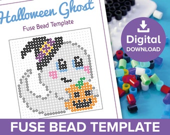 May include: A printable fuse bead template for a Halloween ghost holding a pumpkin. The template shows the bead colors and arrangement for a ghost with a black hat, purple and yellow flowers, blue eyes, and a pink mouth. The ghost is holding a pumpkin with an orange face and green stem.