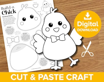 Easter Chick Cut & Paste Craft Printable, Build a Chicken Coloring, Spring Baby Farm Animals Art, Bird Model Making Educational Activity Kit