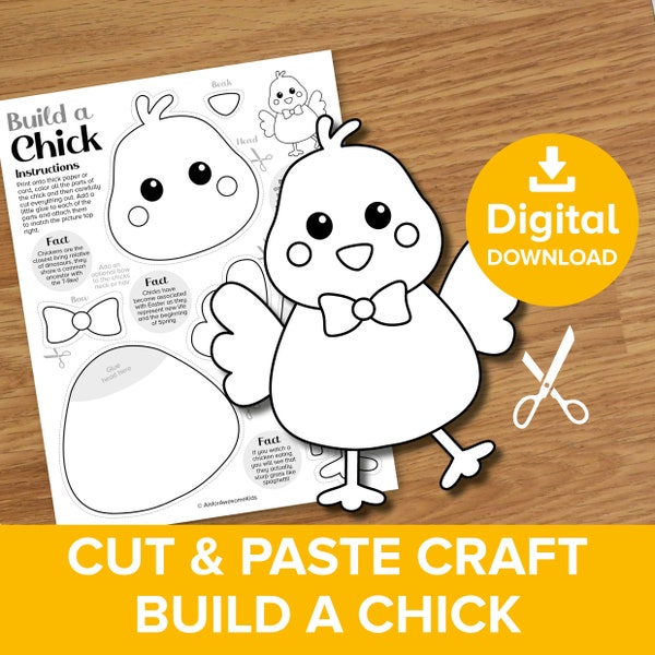 Easter Chick Cut & Paste Craft Printable, Build a Chicken Coloring, Spring Baby Farm Animals Art, Bird Model Making Educational Activity Kit