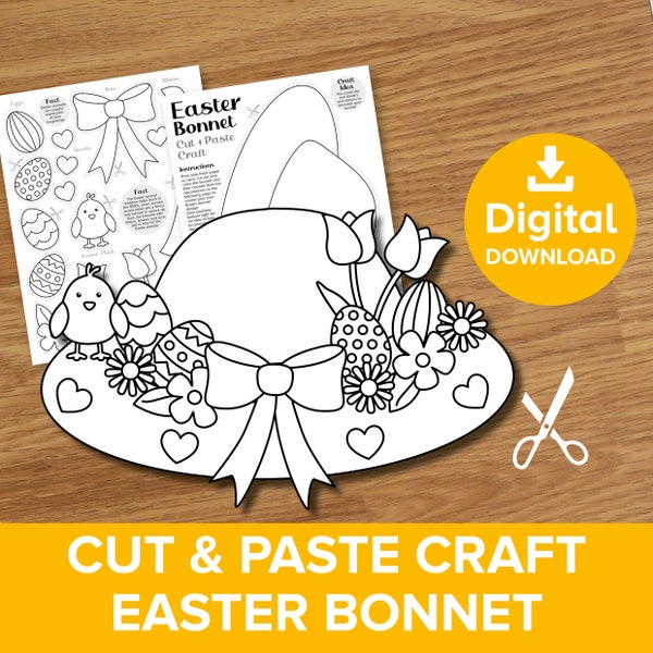 Easter Bonnet Cut & Paste Art Craft, Build a Spring Flower Hat Printable, Egg Decoration Coloring Project, Chick Model Making Activity Kit