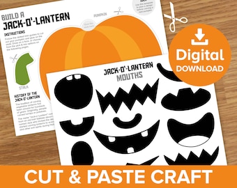 May include: Printable Halloween craft activity for kids. Cut and paste craft to build a jack-o'-lantern. Includes a pumpkin template, a stalk, and a sheet of different mouth options.