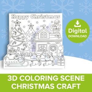 Puede incluir: Una escena de colorear 3D artesanal de Navidad con un diseño festivo. La ilustración en blanco y negro presenta una casa, árboles de Navidad, Papá Noel, renos y un trineo. El texto "Happy Christmas" está en la parte superior, y "Digital Download" en un círculo verde.