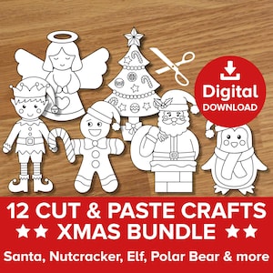 May include: A set of 12 black and white printable Christmas cut and paste crafts. The crafts include a Christmas tree, Santa Claus, an elf, an angel, a gingerbread man, and a penguin. The text "12 CUT & PASTE CRAFTS ★★ XMAS BUNDLE ★★ Santa, Nutcracker, Elf, Polar Bear & more" is at the bottom of the image.