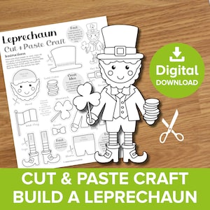 May include: Black and white printable craft activity to build a leprechaun. Cut out the pieces and glue them together to create a leprechaun. The craft includes a hat, head, body, legs, shoes, shamrock, gold coins, a pot of gold, a bowtie, and an Irish flag.