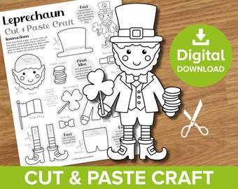 Leprechaun Cut & Paste Craft, St Patrick's Day Irish Sprite Paper Doll, St Paddy's Puppet Activity Kit, Colour and Build Artwork Printable