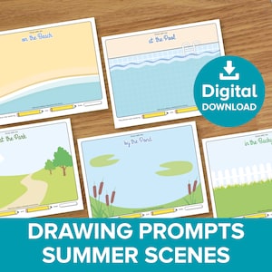 Zomer tekenen promptscènes, kinderkrabbelwerkblad, kindertekening kleurensamenwerking, maak het plaatje compleet, natuur afdrukbare activiteiten