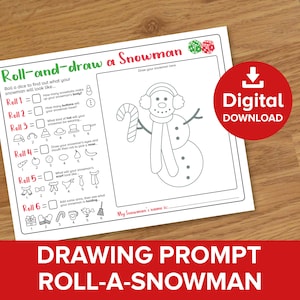 Roll & Draw a Snowman Drawing Prompt Activity, Kids Christmas Dice Game Challenge, Childrens Xmas Party Coloring Design Printable Activities