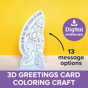 3D Rocket Card Craft, Kids Father's Day Space Coloring Gift, Cut-out Valentine's Spaceship Model, Birthday Greetings Card Printable Activity