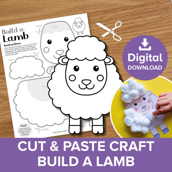 Lamb Cut & Paste Craft Printable, Build a Sheep Coloring, Spring Baby Farm Animals, Educational Easter Model Making Cotton Wool Activity Art