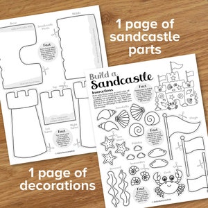 May include: Printable craft activity for kids to build a sandcastle. The set includes a black and white outline of a sandcastle with instructions and facts about sandcastles. There are also separate pages with black and white outlines of seashells, starfish, seaweed, pebbles, and a crab to decorate the sandcastle.