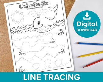 Under the Sea Line Tracing Worksheet, Kids Whale Coloring Pencil Control, Pre K Preschool Color Ocean Sealife, Homeschool Printable Activity