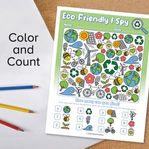 May include: A printable worksheet with a green background and the title "Eco-Friendly I Spy". The worksheet features a colorful illustration of various eco-friendly items, such as a recycling symbol, a solar panel, a wind turbine, a bee, a light bulb, a tree, a bicycle, and a wave. The worksheet also includes a section for coloring and counting the items in the illustration.