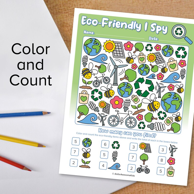 May include: A printable worksheet with a green background and the title "Eco-Friendly I Spy". The worksheet features a colorful illustration of various eco-friendly items, such as a recycling symbol, a solar panel, a wind turbine, a bee, a light bulb, a tree, a bicycle, and a wave. The worksheet also includes a section for coloring and counting the items in the illustration.