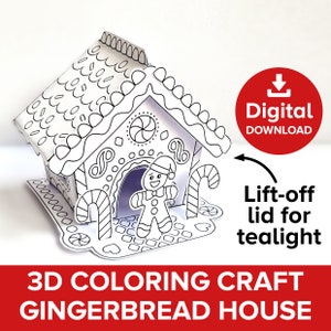 Progetto artigianale 3D Casa di marzapane, kit per casa delle bambole in carta con colori natalizi, portacandele con decorazione natalizia, attività di grafica stampabile
