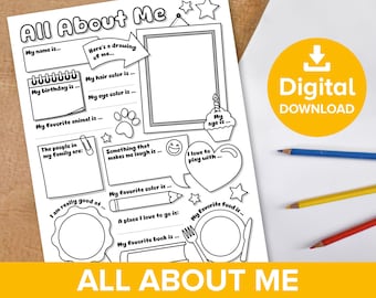 All About Me Worksheet Printable, Kids Personal Discovery Fact Sheet, Journal Prompt Form Coloring Page, Homeschool Resource Activity Sheet