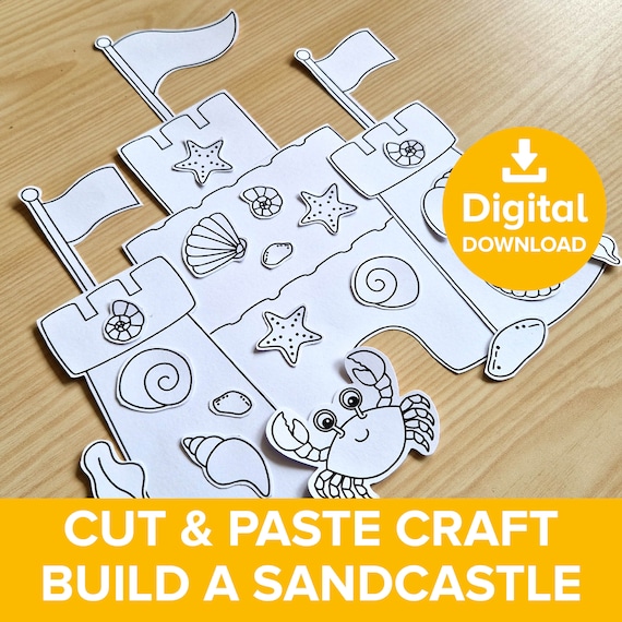 Sandcastle Cut & Paste Craft Printable, Beach Castle Color Build Kit, Summer Vacation Sea Creatures Model, Seaside Art Activity Template