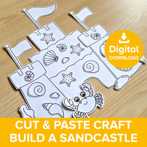 Sandcastle Cut & Paste Craft Printable, Beach Castle Color Build Kit, Summer Vacation Sea Creatures Model, Seaside Art Activity Template