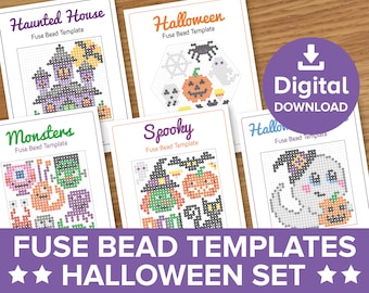 Halloween Fuse Bead Template Bundle, Hama Perler Craft Patterns, Monster Witch Pumpkin Ghost Haunted House Decor, Kids Printable Activities
