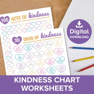 Acts of Kindness-kaart voor kinderen, 100 Hearts Tracker-logboek, Spread the Love 30 Day Challenge, Be Kind Fun-kleurplanner voor kinderen afdrukbaar
