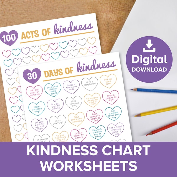 Acts of Kindness Chart for Kids, 100 Hearts Tracker log, Spread the Love 30 Day Challenge, Children's Be Kind Fun Coloring Planner Printable