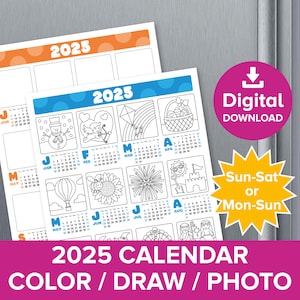 Kleurkalender 2025, fotokalender met 1 pagina, kinderen maken je eigen jaarplanner, kindertekening prompt kerstcadeau, afdrukbare activiteit