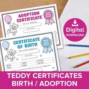 Teddy Birth Certificates, Plushie Adoption Certificate Form Template, Soft Toy Heirloom Gift, Personalise New Baby Keepsake, Kids Printable